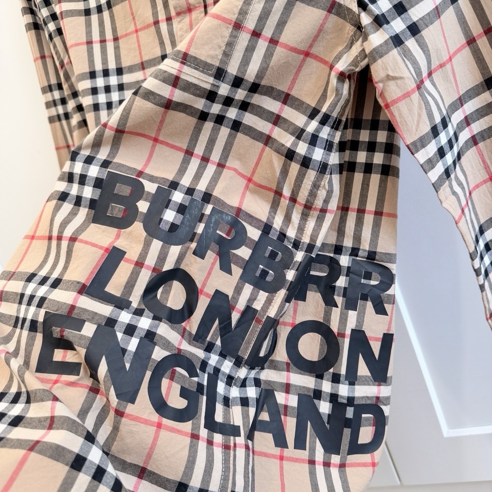 Burberry London England Check Logo Print Button Shirt Beige Men's Large - Picture 5 of 15